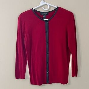 AUGUST SILK Heritage Burgundy Red  Cardigan with Black Faux Leather Trim M NWOT